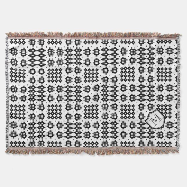 Black, White Faux Welsh Tapestry with Monogram Throw Blanket (Front)