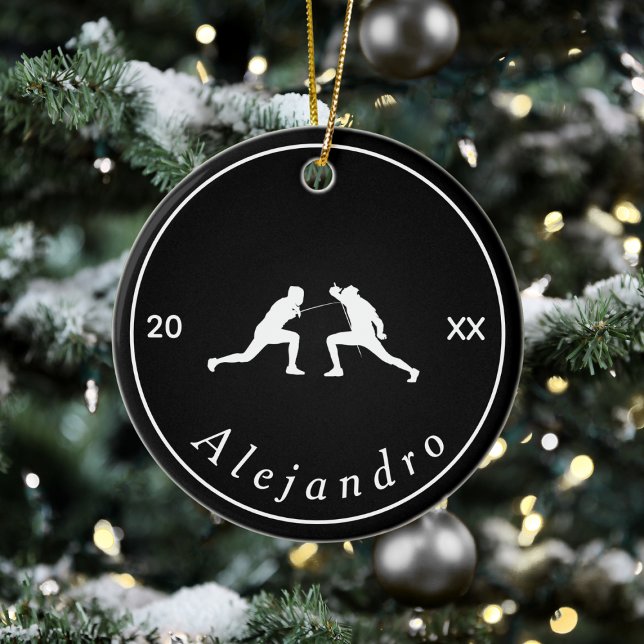 Black & White Fencing Silhouettes Name & Year Cool Ceramic Ornament (Creator Uploaded)