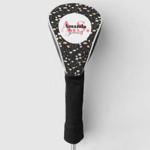 Black White Field Flower Pattern Modern Monogram Golf Head Cover