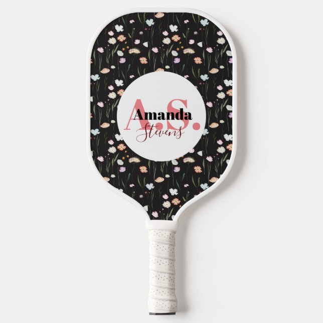 Black White Field Flower Pattern Modern Monogram Pickleball Paddle (Front)