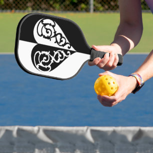 Black &White Filigree Heart Pickleball Paddle