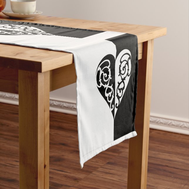 Black &White Filigree Heart  Short Table Runner (In Situ)