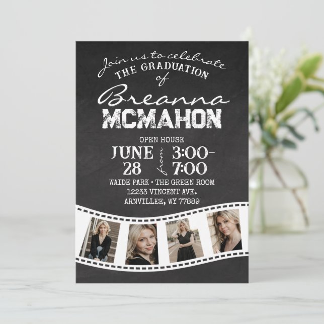 Black & White Filmstrip Chalkboard Graduation Invitation (Standing Front)