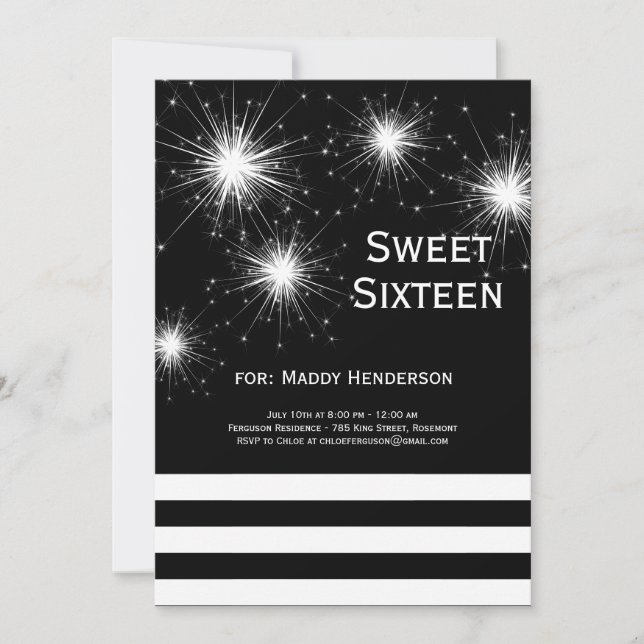 Black & White Fireworks Sweet Sixteen Invitation (Front)