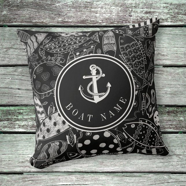 Black White Fish Pattern Nautical Anchor Boat Name Cushion (Creator Uploaded)