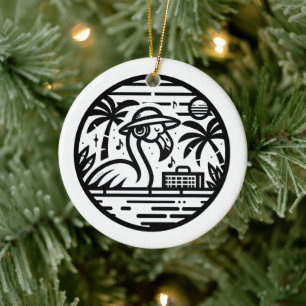 Black & White Flamingo Headphones & Music Tropics Ceramic Ornament