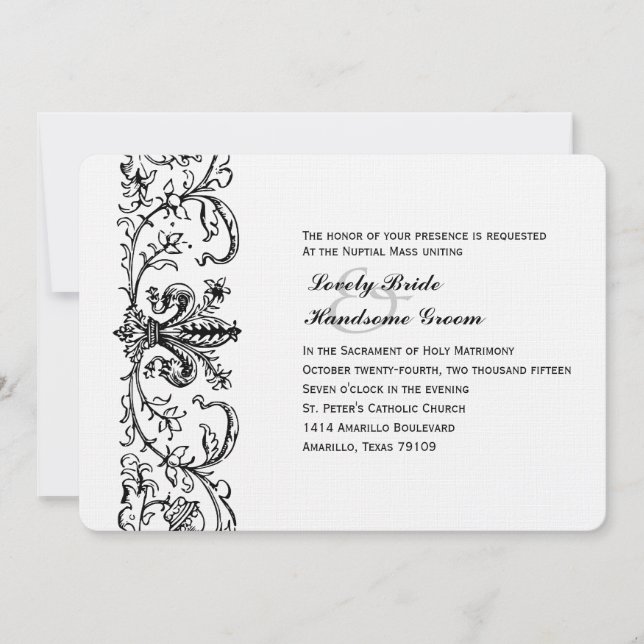 Black White Fleur Catholic Wedding Invitation (Front)