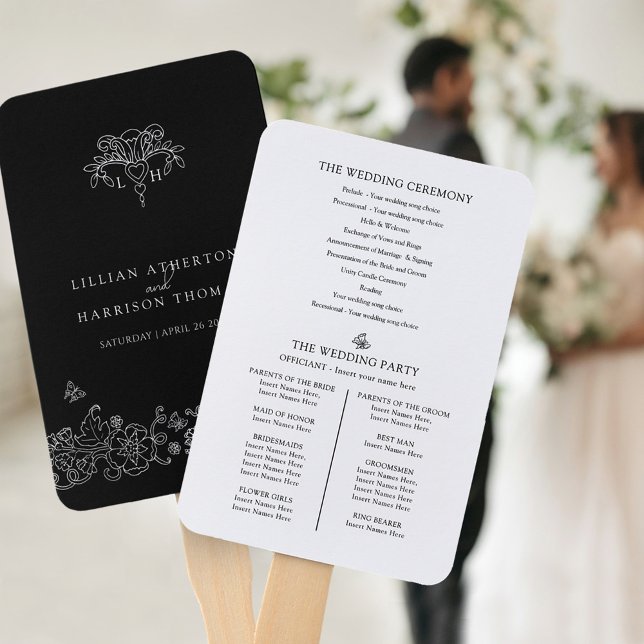 Black white fleur de lis art wedding program hand fan (Creator Uploaded)