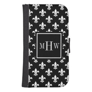 Black White Fleur de Lis Blk Sq 3 Initial Monogram Samsung S4 Wallet Case