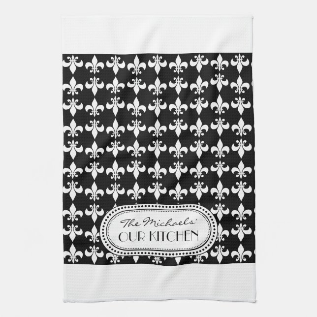 Black | White Fleur de Lis Monogram Pattern Tea Towel (Vertical)