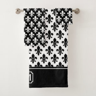 Black White Fleur De Lis Pattern Monogram Bath Towel Set