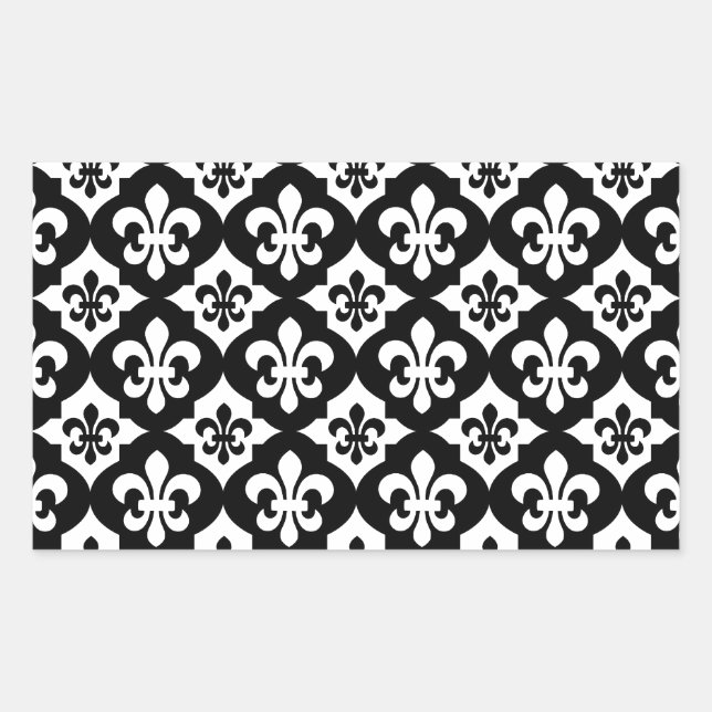 Black White Fleur De Lis Pattern Rectangular Sticker (Front)