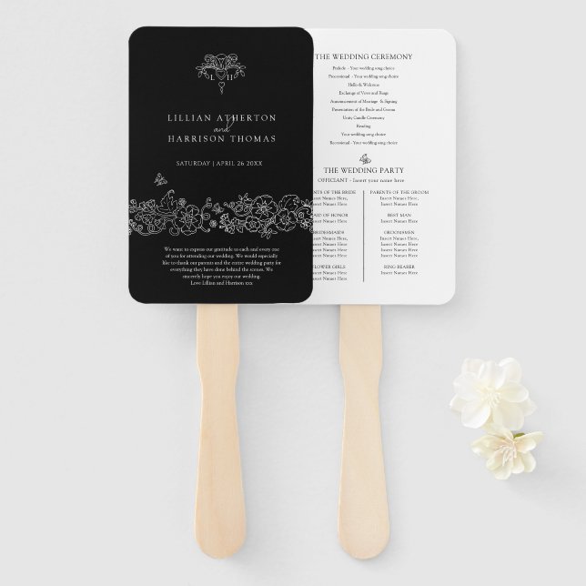 Black white fleur de lis wedding program thanks hand fan (Front and Back)
