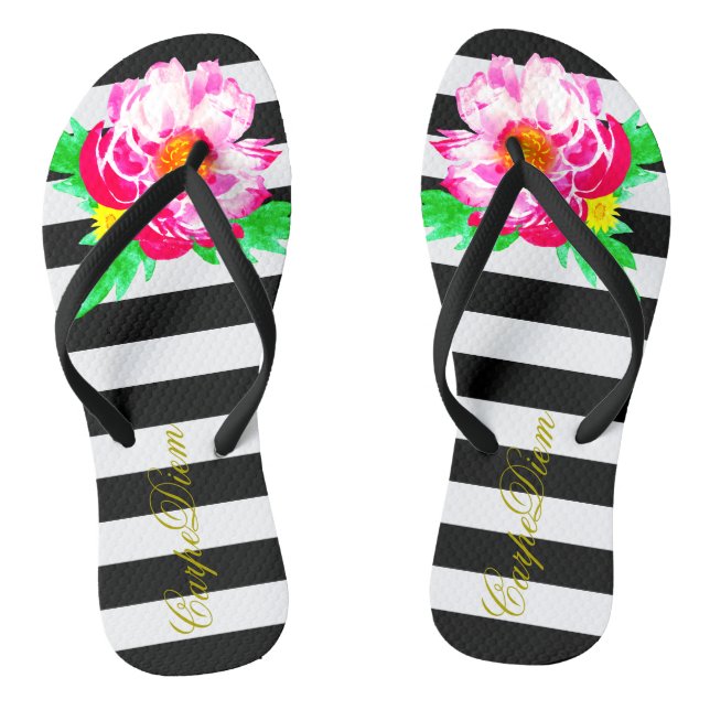 Black&White Flip Flops Watercolor Peony Carpe Diem (Footbed)