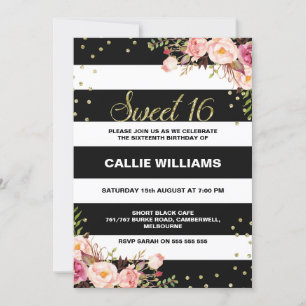 Black White Floral 16th Birthday Invitation