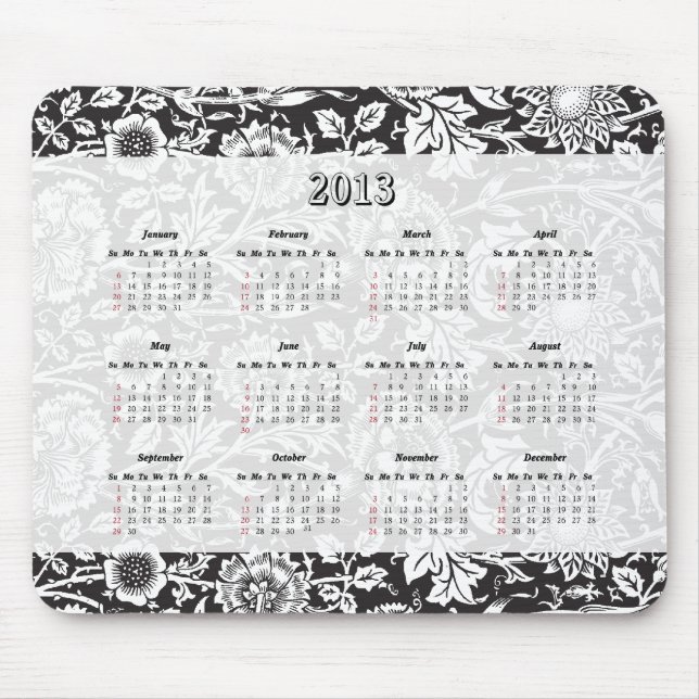 Black & White Floral 2013 Mouse Pad Calendar (Front)