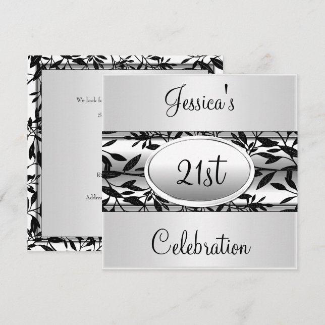 Black & White Floral 21st Birthday Event Invitation (Front/Back)