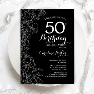 Black White Floral 50th Birthday Party Invitation