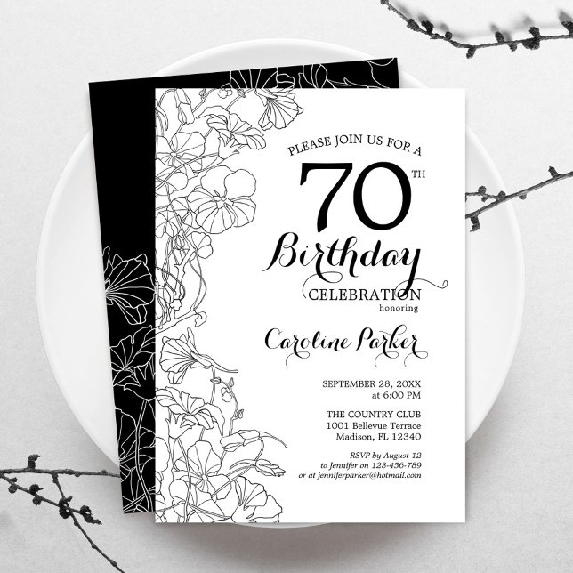 Black White Floral 70th Birthday Party Invitation (Creator Uploaded)
