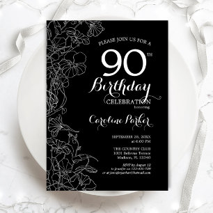 Black White Floral 90th Birthday Party Invitation