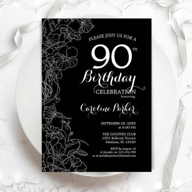 Black White Floral 90th Birthday Party Invitation (Creator Uploaded)
