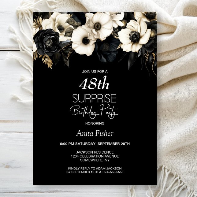 Black White Floral Any Age Surprise Birthday Invitation (Creator Uploaded)