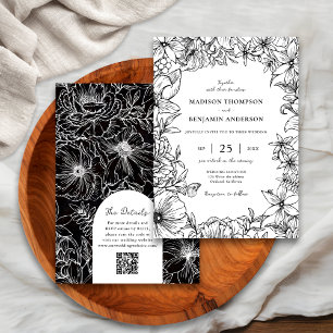 Black White Floral Arch RSVP QR Code Wedding Invitation