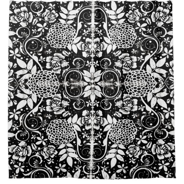 Black White Floral Arts and Crafts Shower Curtain (Front)