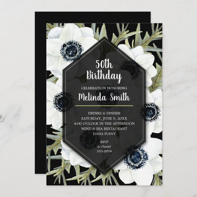 Black & White Floral Birthday Invitations (Front/Back)