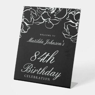 Black White Floral Birthday Party Welcome Sign