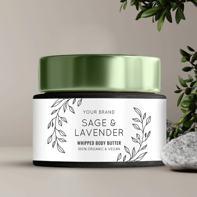 Black & White Floral Body Butter Jar Product Label (Elegant floral skincare jar packaging label template in black and white with greenery motif)