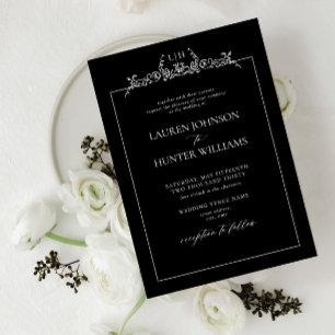 Black White Floral Border Monogram Wedding Invitation