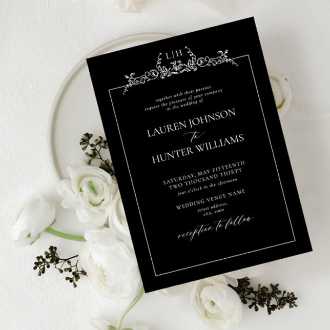 Black White Floral Border Monogram Wedding Invitation (Creator Uploaded)