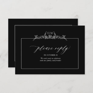 Black & White Floral Border Monogram Wedding RSVP Card
