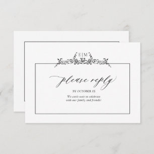 Black & White Floral Border Monogram Wedding RSVP Card