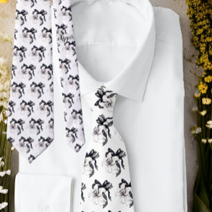 Black White Floral Botanical Lily Lace Ribbon Tie