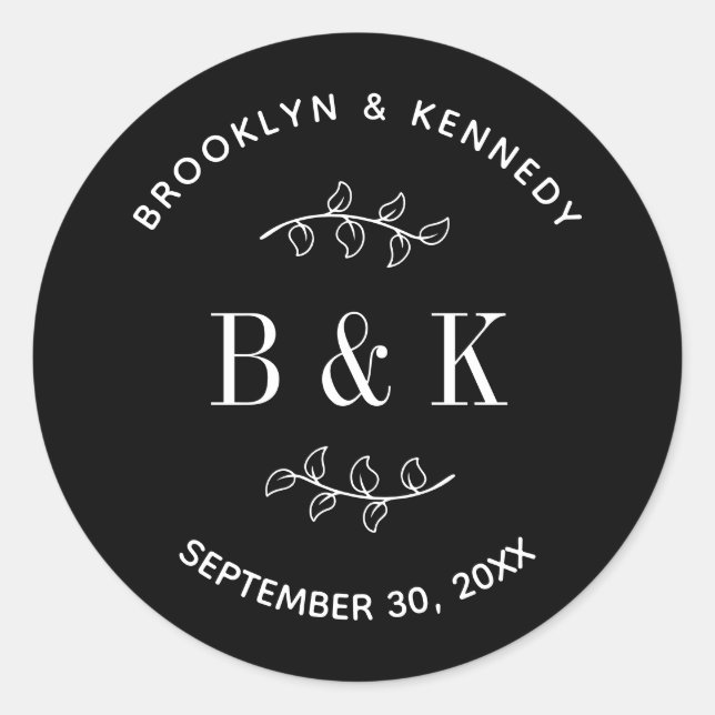 Black White Floral Botanical Monogram Couple Name Classic Round Sticker (Front)