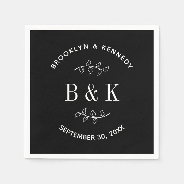 Black White Floral Botanical Monogram Couple Name Napkin (Front)