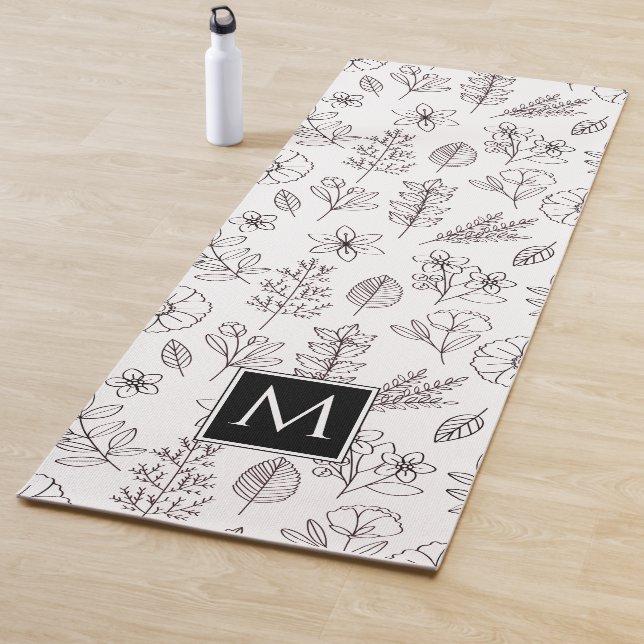Black White Floral Botanical Monogram Yoga Mat (In Situ)