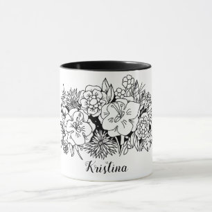 Black White Floral Botanical with Name Mug