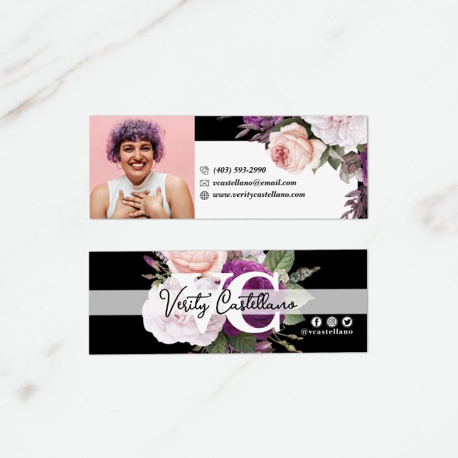 Black & White Floral Boutique Personal Photo Mini Business Card (Creator Uploaded)