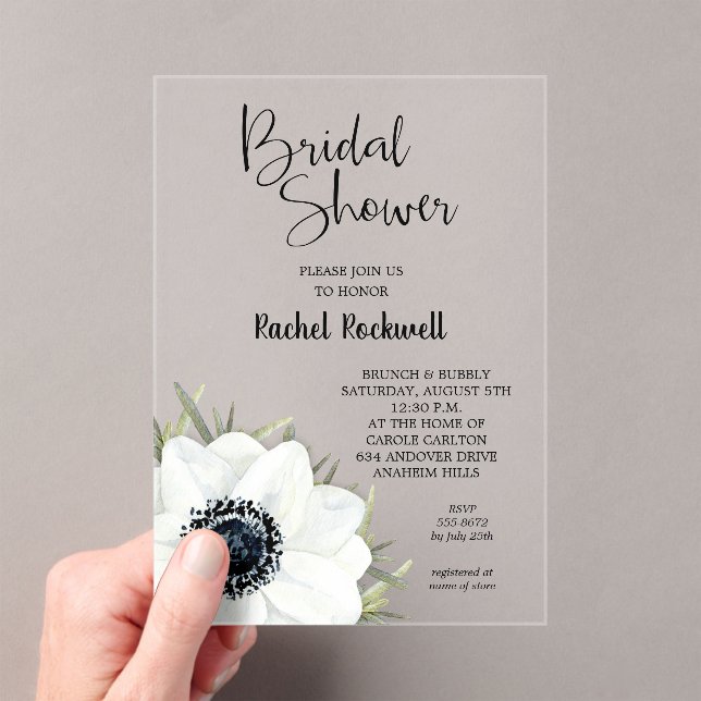Black White Floral Bridal Shower  Acrylic Invitations (Insitu (Handheld))