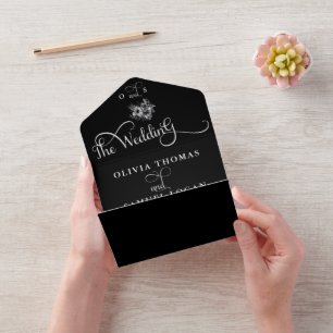 Black White Floral Calligraphy Modern Wedding All In One Invitation