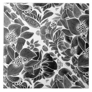 Black White floral Ceramic Tile