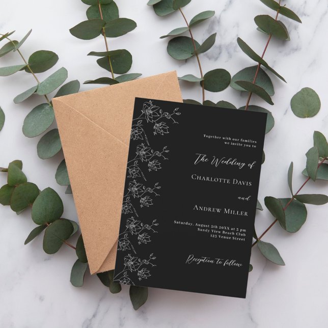 Black white floral classic formal wedding invitation (Creator Uploaded)