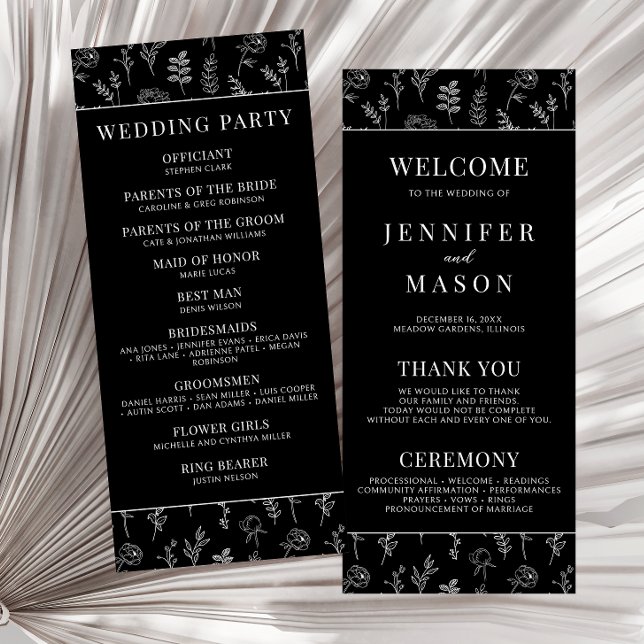 Black white floral classic wedding program card (Creator Uploaded)