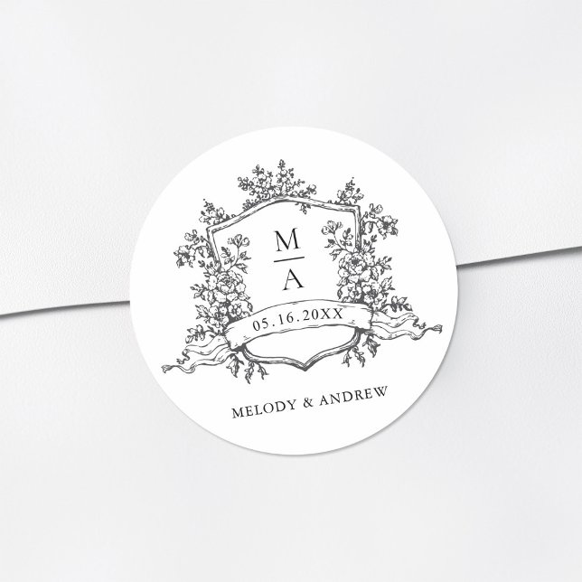 Black & White Floral Crest Monograms Wedding Classic Round Sticker (Creator Uploaded)