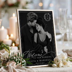 Black White Floral Crest Photo Wedding Welcome Poster