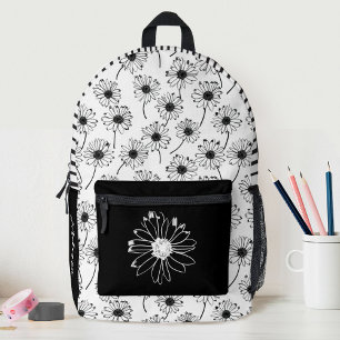 Black White Floral Daisy Girls School Printed Backpack