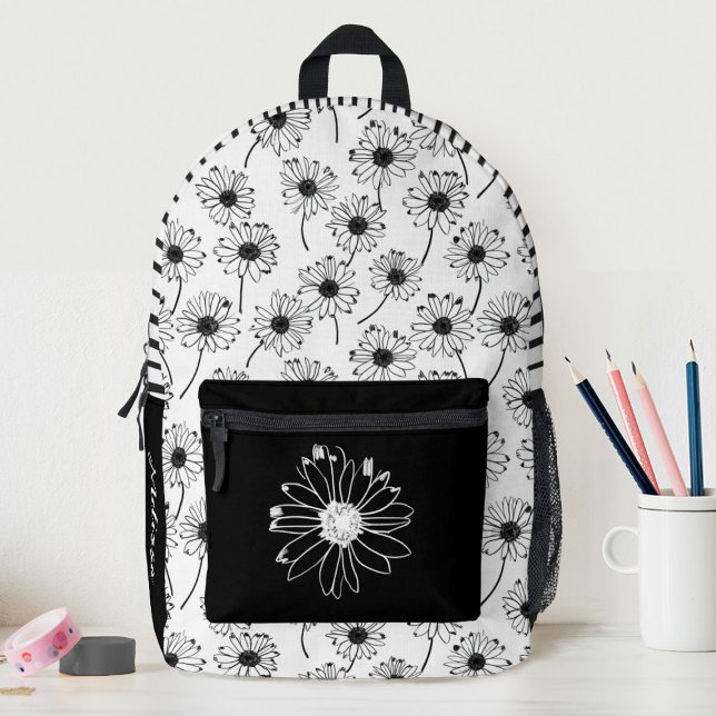 Black White Floral Daisy Girls School Printed Backpack (A cute black and white daisy pattern decorates this school backpack. Personalize it for your girl.)